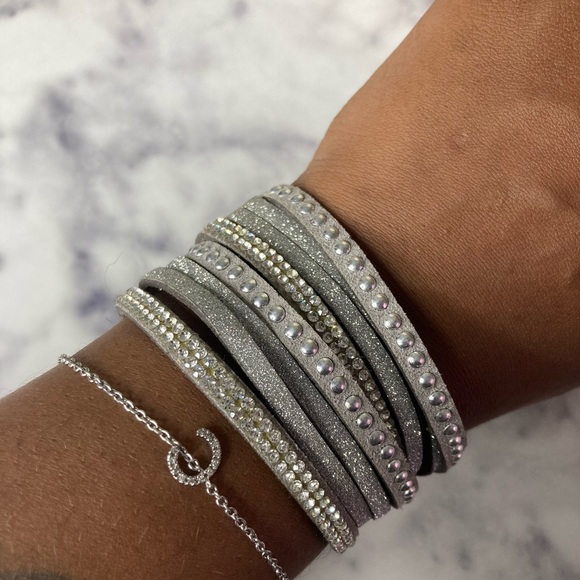 Grey Rhinestone & Rivet Faux Suede Wrap Bracelet - Picture 5 of 8